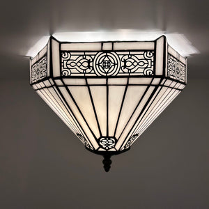 Tiffany Style Ceiling Lamp White Stained Glass Hexagon 12"W*12"D*8"H