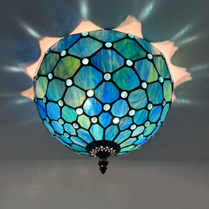 Tiffany Style Ceiling Light Fixtures Green Blue Stained Glass Crystal Beans LED Bulbs 12"W*12"D*8"H