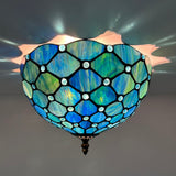 Tiffany Style Ceiling Light Fixtures Green Blue Stained Glass Crystal Beans LED Bulbs 12"W*12"D*8"H