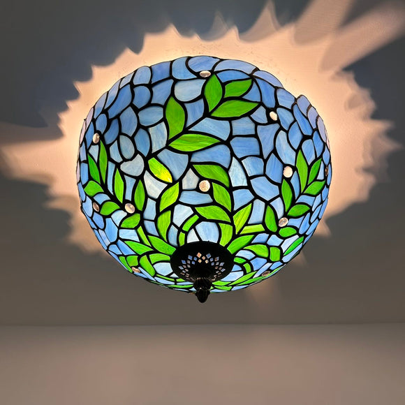 Tiffany Style Ceiling Lamp Blue Stained Glass Green Leaves 12