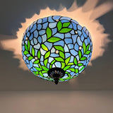 Tiffany Style Ceiling Lamp Blue Stained Glass Green Leaves 12"W*12"D*8"H