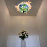 Tiffany Style Ceiling Lamp Blue Stained Glass Green Leaves 12"W*12"D*8"H