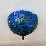 Tiffany Style Ceiling Lamp Blue Stained Glass Green Leaves 12"W*12"D*8"H