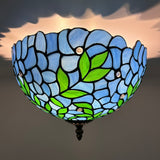 Tiffany Style Ceiling Lamp Blue Stained Glass Green Leaves 12"W*12"D*8"H