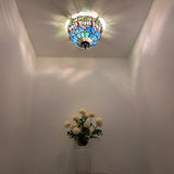 Tiffany Style Ceiling Lamp Blue Stained Glass Tulips 12"W*12"D*8"H