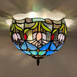 Tiffany Style Ceiling Lamp Blue Stained Glass Tulips 12"W*12"D*8"H
