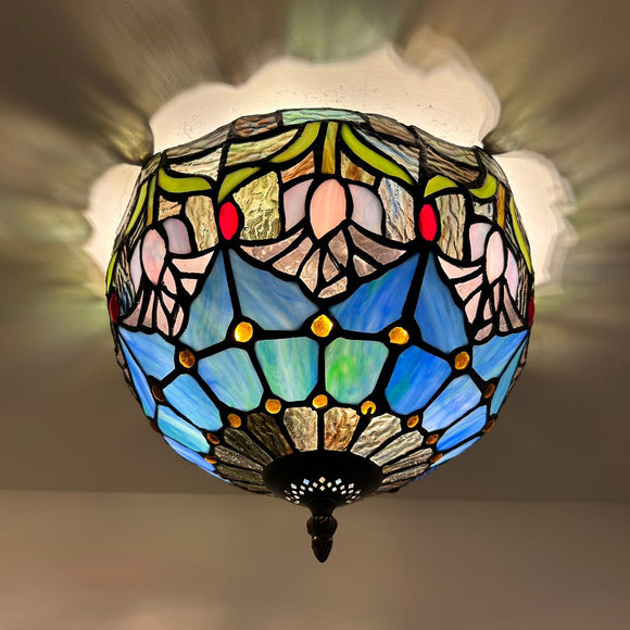 Tiffany Style Ceiling Lamp Blue Stained Glass Tulips 12