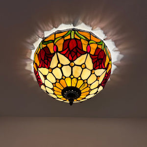 Tiffany Style Ceiling Lamp Stained Glass Red Tulips 12"W*12"D*8"H