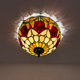 Tiffany Style Ceiling Lamp Stained Glass Red Tulips 12"W*12"D*8"H