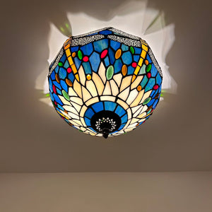 Tiffany Style Ceiling Lamp Blue Stained Glass Dragonfly 12"W*12"D*8"H