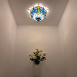Tiffany Style Ceiling Lamp Blue Stained Glass Dragonfly 12"W*12"D*8"H