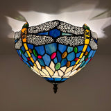 Tiffany Style Ceiling Lamp Blue Stained Glass Dragonfly 12"W*12"D*8"H