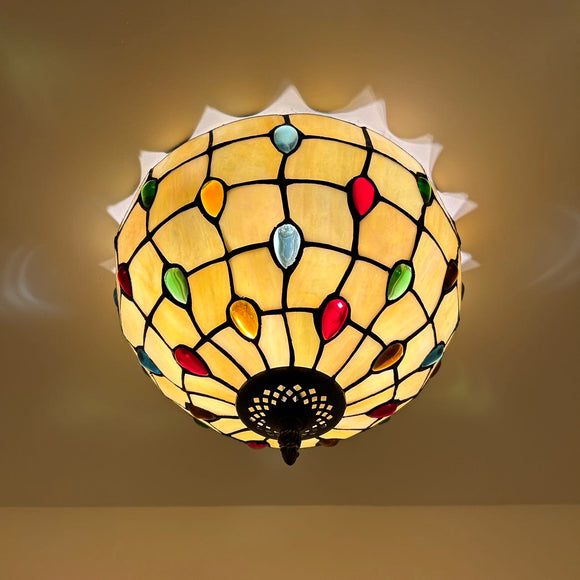 Tiffany Style Ceiling Light Fixtures Gold Stained Glass Crystal Beans LED Bulbs 12
