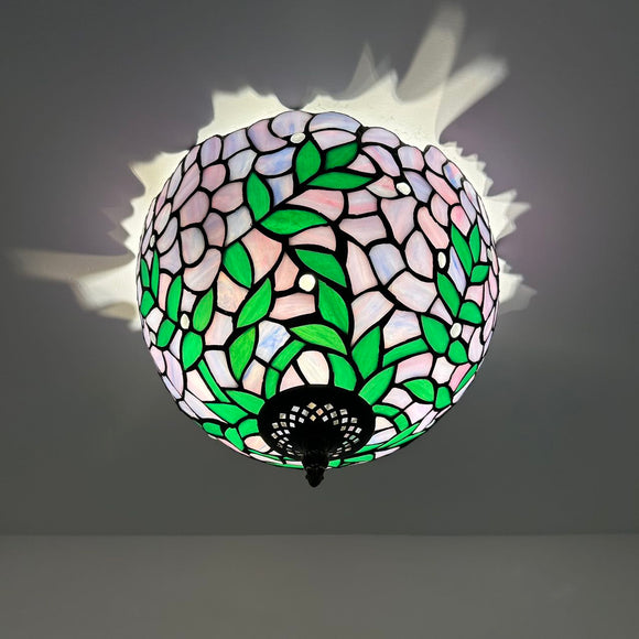 Tiffany Style Ceiling Lamp Purple Stained Glass Green Leaves 12