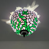 Tiffany Style Ceiling Lamp Purple Stained Glass Green Leaves 12"W*12"D*8"H