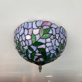 Tiffany Style Ceiling Lamp Purple Stained Glass Green Leaves 12"W*12"D*8"H