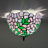 Tiffany Style Ceiling Lamp Purple Stained Glass Green Leaves 12"W*12"D*8"H