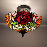 Tiffany Style Ceiling Light Fixtures Stained Glass Rose Flowers 16"W*16"D*12"H