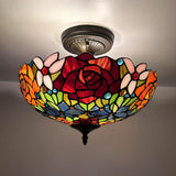 Tiffany Style Ceiling Light Fixtures Stained Glass Rose Flowers 16"W*16"D*12"H