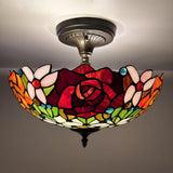 Tiffany Style Ceiling Light Fixtures Stained Glass Rose Flowers 16"W*16"D*12"H