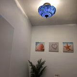 Tiffany Style Ceiling Light Fixtures Blue Stained Glass Baroque Style 16"W*16"D*12"H