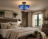 Tiffany Style Ceiling Light Fixtures Blue Stained Glass Baroque Style 16"W*16"D*12"H