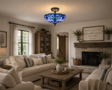 Tiffany Style Ceiling Light Fixtures Blue Stained Glass Baroque Style 16"W*16"D*12"H