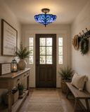 Tiffany Style Ceiling Light Fixtures Blue Stained Glass Baroque Style 16"W*16"D*12"H