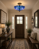 Tiffany Style Ceiling Light Fixtures Blue Stained Glass Baroque Style 16"W*16"D*12"H