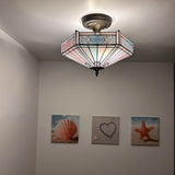 Tiffany Style Ceiling Ceiling Light Fixtures Sky Color Stained Glass Hexagon 16"W*16"D*12"H
