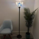 Tiffany Style Torch Floor Lamp White Stained Glass Blue Flowers EF1263-B
