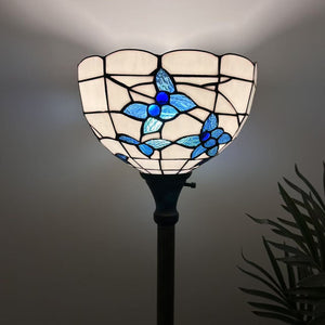 Tiffany Style Torch Floor Lamp White Stained Glass Blue Flowers EF1263-B
