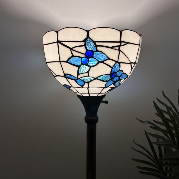 Tiffany Style Torch Floor Lamp White Stained Glass Blue Flowers EF1263-B