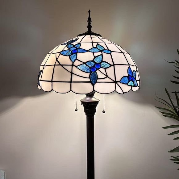 Tiffany style floor lamp White Stained Glass Blue Flowers 16