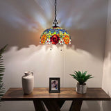 Tiffany Style Pendant Lighting Plug In Stained Glass Rose Flowers LED Bulbs Included 16”W*16”D*75”H