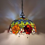 Tiffany Style Pendant Lighting Plug In Stained Glass Rose Flowers LED Bulbs Included 16”W*16”D*75”H