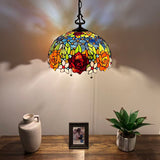 Tiffany Style Pendant Lighting Plug In Stained Glass Rose Flowers LED Bulbs Included 16”W*16”D*75”H