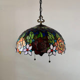 Tiffany Style Pendant Lighting Plug In Stained Glass Rose Flowers LED Bulbs Included 16”W*16”D*75”H