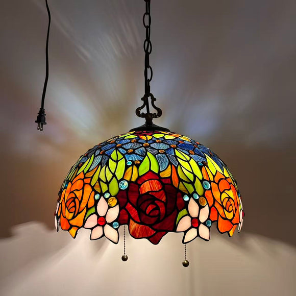 Tiffany Style Pendant Lighting Plug In Stained Glass Rose Flowers LED Bulbs Included 16”W*16”D*75”H