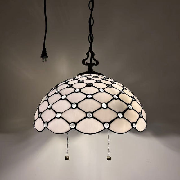 Tiffany Style Pendant Lighting Plug In White Stained Glass LED Bulbs Included 16”W*16”D*75”H