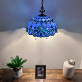 Tiffany Style Pendant Lighting Plug In Blue Stained Glass LED Bulbs Included 16”W*16”D*75”H