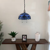 Tiffany Style Pendant Lighting Plug In Blue Stained Glass LED Bulbs Included 16”W*16”D*75”H