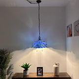Tiffany Style Pendant Lighting Plug In Blue Stained Glass LED Bulbs Included 16”W*16”D*75”H