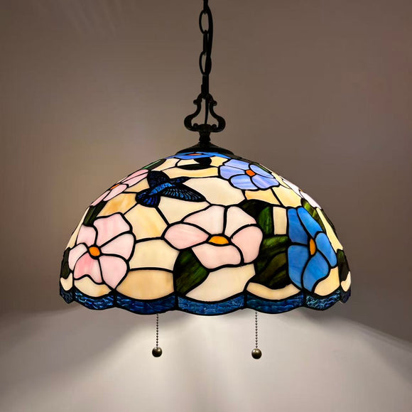 Tiffany Style Pendant Lighting Stained Glass Hummingbird Flowers LED Bulbs Included 16”W*16”D*75”H