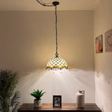 Tiffany Style Pendant Lighting Plug In Beige Stained Glass LED Bulbs Included 16”W*16”D*75”H