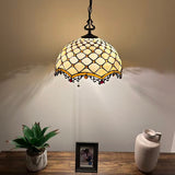 Tiffany Style Pendant Lighting Plug In Beige Stained Glass LED Bulbs Included 16”W*16”D*75”H