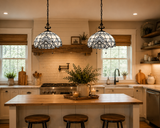 Tiffany Style Pendant Lighting White Stained Glass LED Bulbs Included 16”W*16”D*75”H