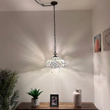 Tiffany Style Pendant Lighting Plug In White Stained Glass LED Bulbs Included 16”W*16”D*75”H