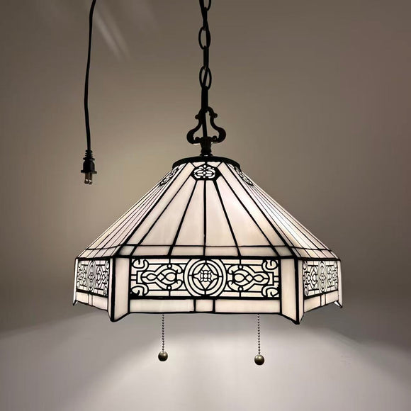 Tiffany Style Pendant Lighting Plug In White Stained Glass Hexagon LED Bulbs Included 16”W*16”D*75”