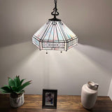 Tiffany Style Pendant Lighting Plug In Sky Color Stained Glass Hexagon LED Bulbs Included 16”W*16”D*75”H